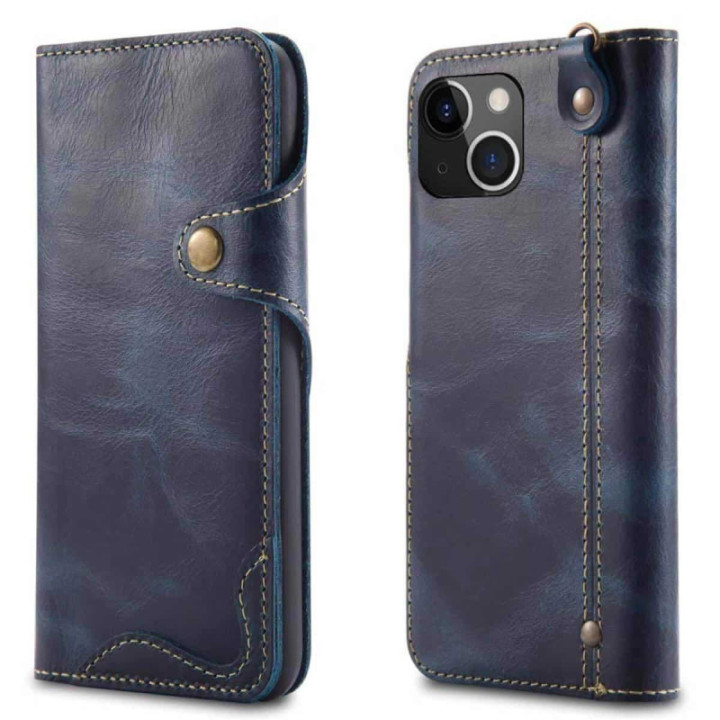 Wallet 3-kort ægte læder Apple iPhone 14 Pro Max - Blå