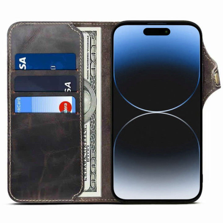 Mobilplånbok 3-kort äkta läder Apple iPhone 15 Pro Max - Svart