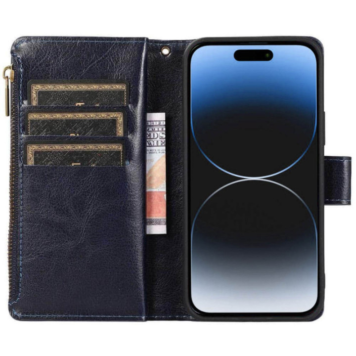 Kaksoiskäänto Zipper 9-kortti Apple iPhone 15 Pro Max - Sininen